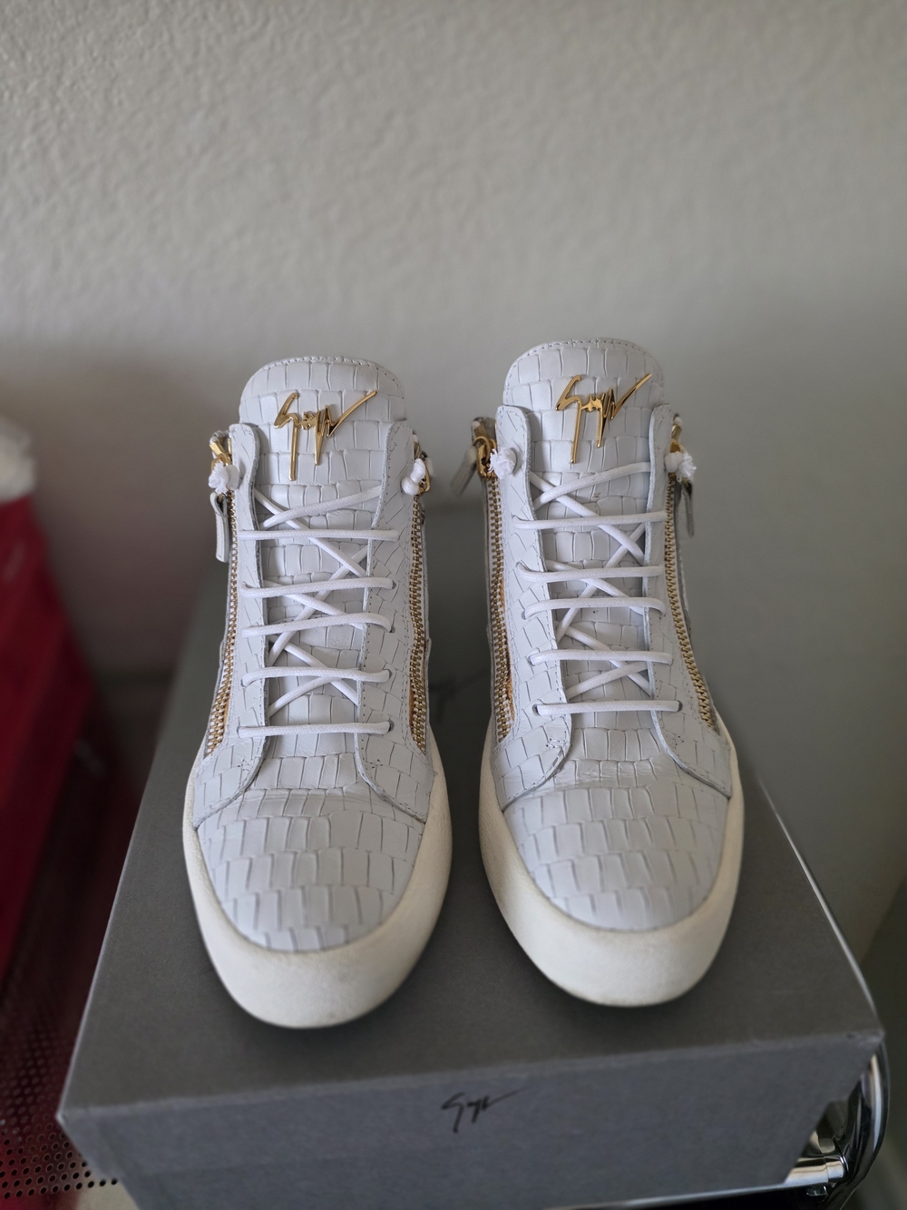 Giuseppe Zanotti White Woven High-Top Sneakers with Gold Accents